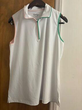 Walter Hagen White Sleeveless Polo Tank with Pink and Green Trim